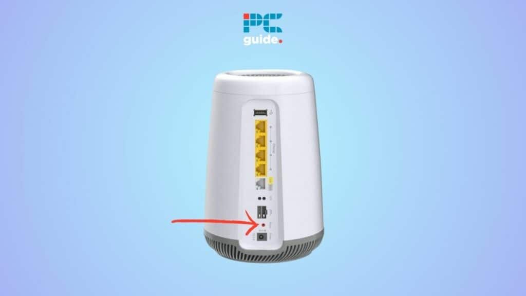 White cylindrical air purifier with a visible filter and control buttons, highlighted by a blue arrow indicating a feature on a blue background.