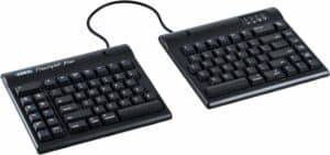 A pair of black Ergonomic keyboards, specifically the KINESIS Freestyle2 model, on a white background.