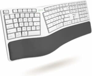 A Macally wireless ergonomic keyboard on a white background.