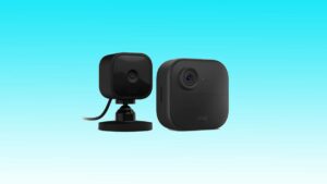 Two home security cameras on a blue background.