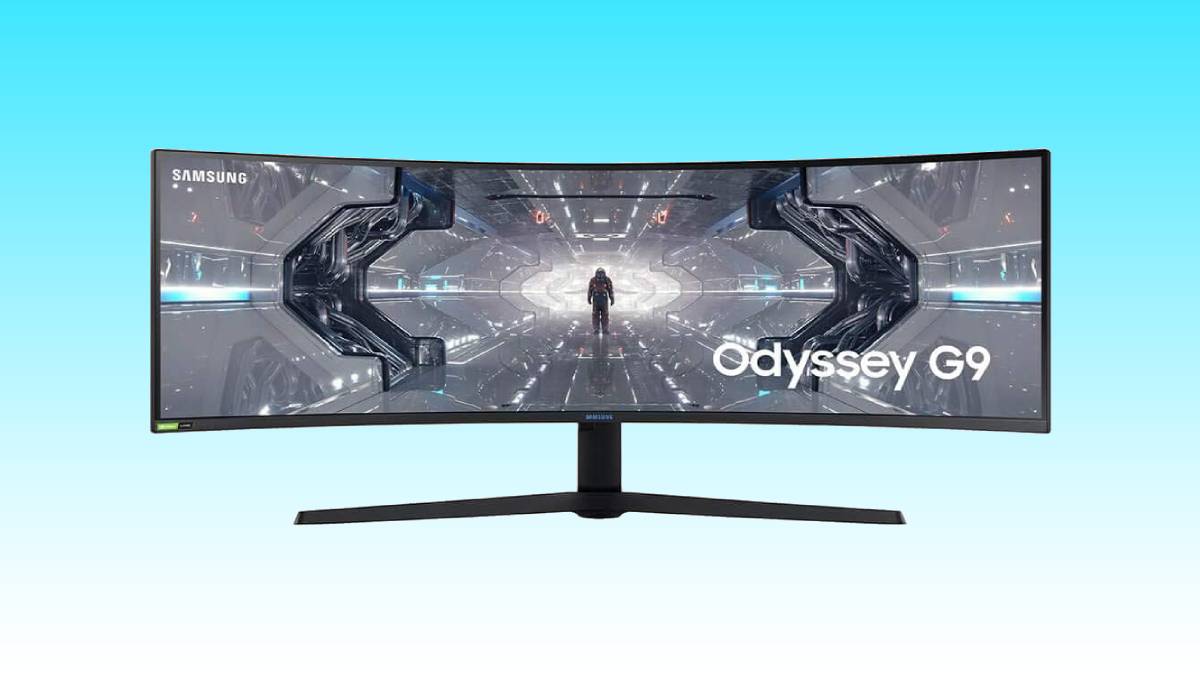 The samsung odyssey g9 is shown on a blue background.