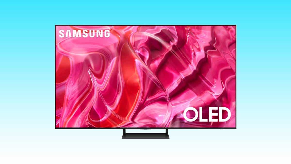 The Samsung OLED TV, available in 65", is shown on a blue background.