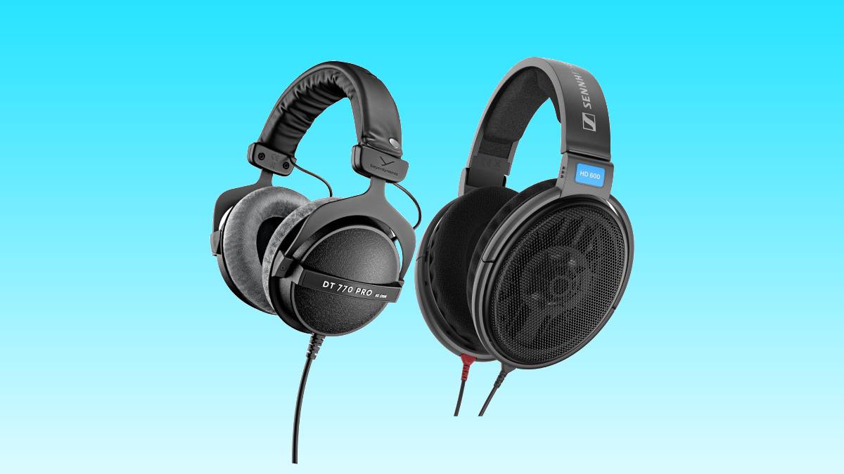 Two pairs of Sennheiser and Beyerdynamic headphones on a blue background.