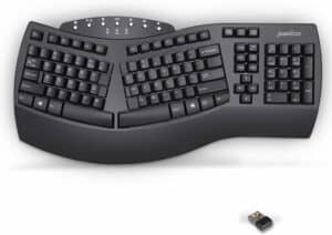 A black computer keyboard with a mouse next to it.
