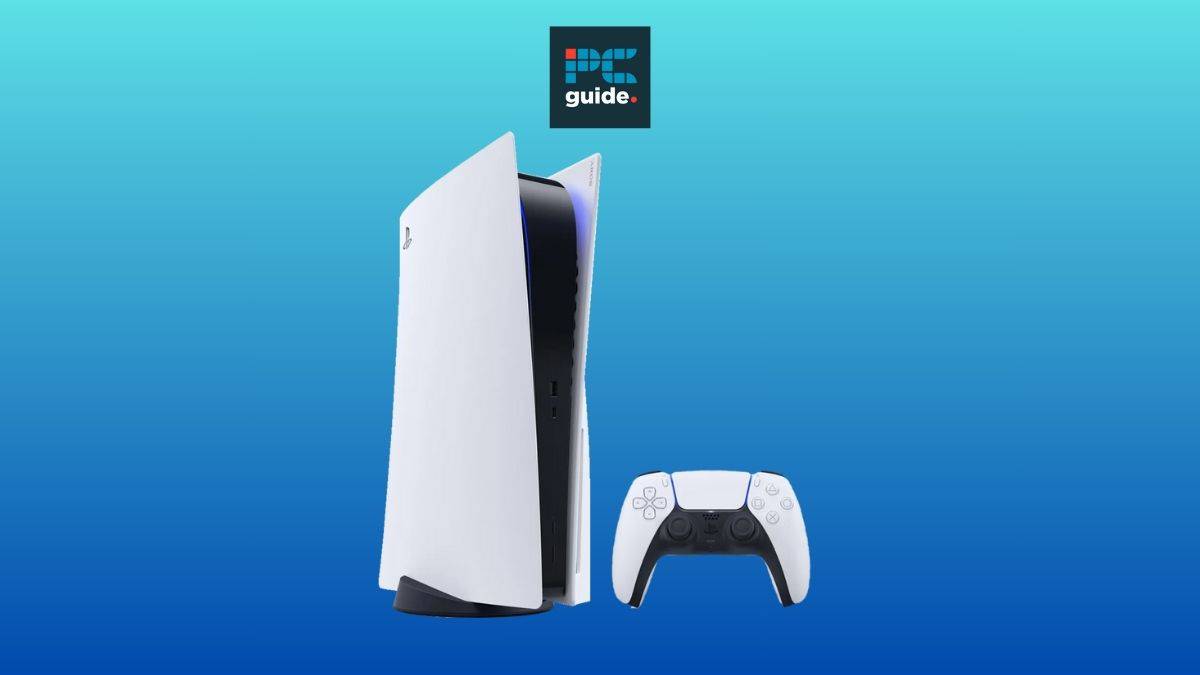 A white gaming console and controller can be used to play a variety of games on a PS5. Image shows the PS5 on a blue background below the PC guide logo