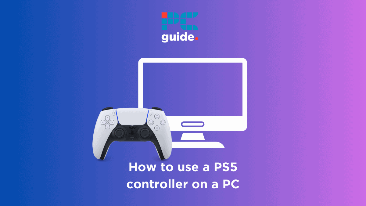 Learn how to use a PS5 controller on your PC with ease. Image shows a PS5 controller in front of a monitor on a purple background.