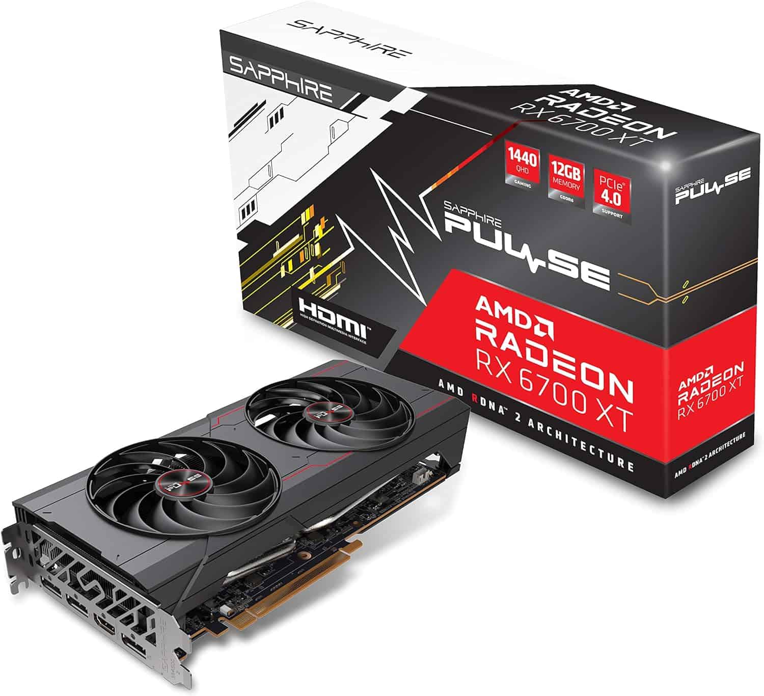 Sapphire Pulse Radeon RX 6700 XT graphics card alongside its packaging box, featuring dual fans and multiple output ports.