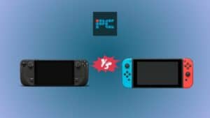 Steam Deck vs Nintendo Switch - which is better? Image shows the Steam Deck and the Switch on a blue gradient background.