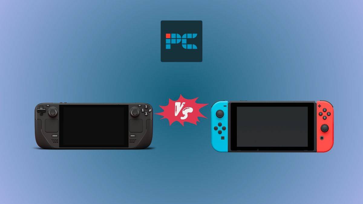 Steam Deck vs Nintendo Switch - which is better? Image shows the Steam Deck and the Switch on a blue gradient background.