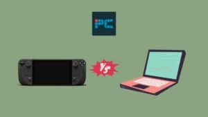 Steam Deck vs gaming laptop - which should you buy? Image shows the Steam Deck and a graphic of a gaming laptop on a light green background, with a red VS sign in the middle.