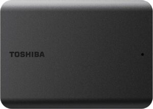A Toshiba Canvio Basics 2TB external hard drive is shown on a white background.