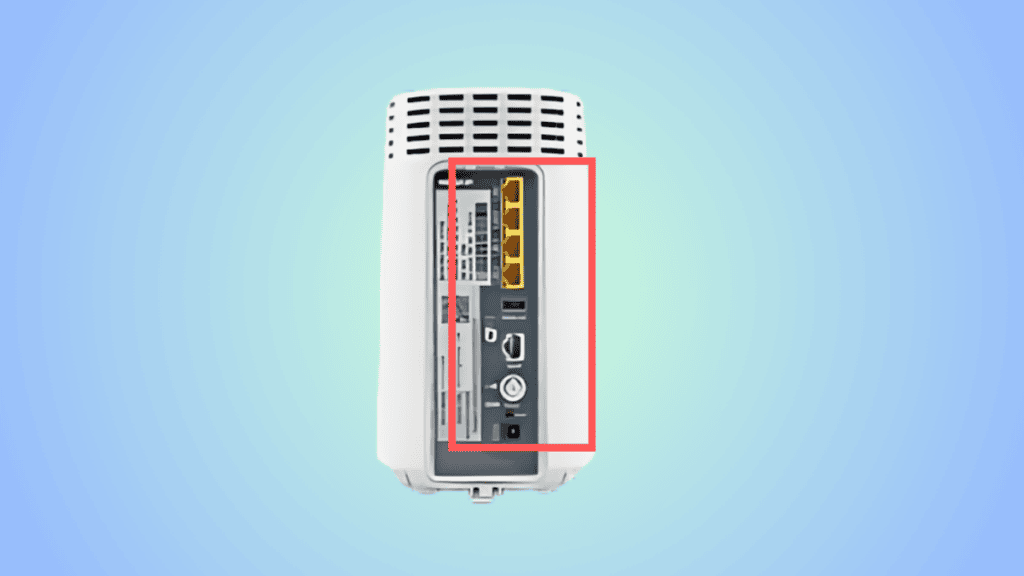 Illustration of a Verizon router with highlighted inputs and outputs on the back panel against a blue background.