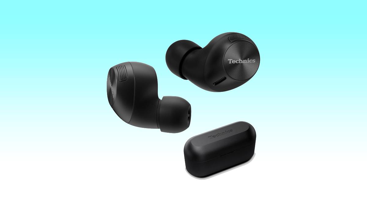 Save Big on Technics HiFi True Wireless Earbuds featured on Amazon, displayed against a blue background.