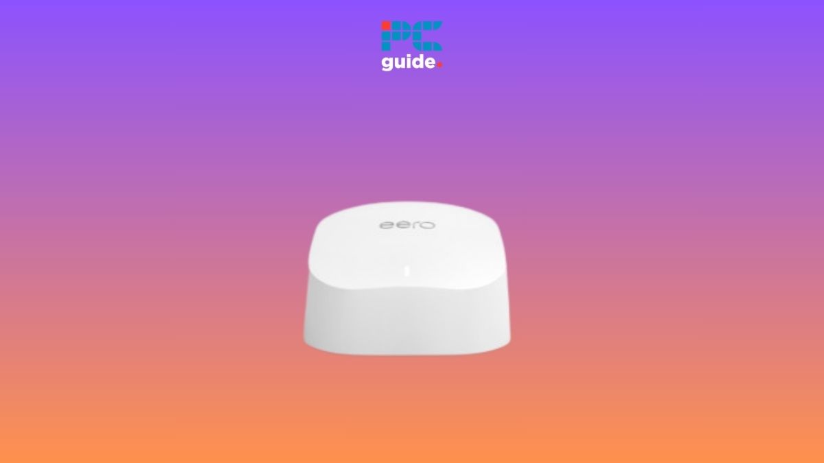 A white eero wi-fi router blinking white against a gradient background.