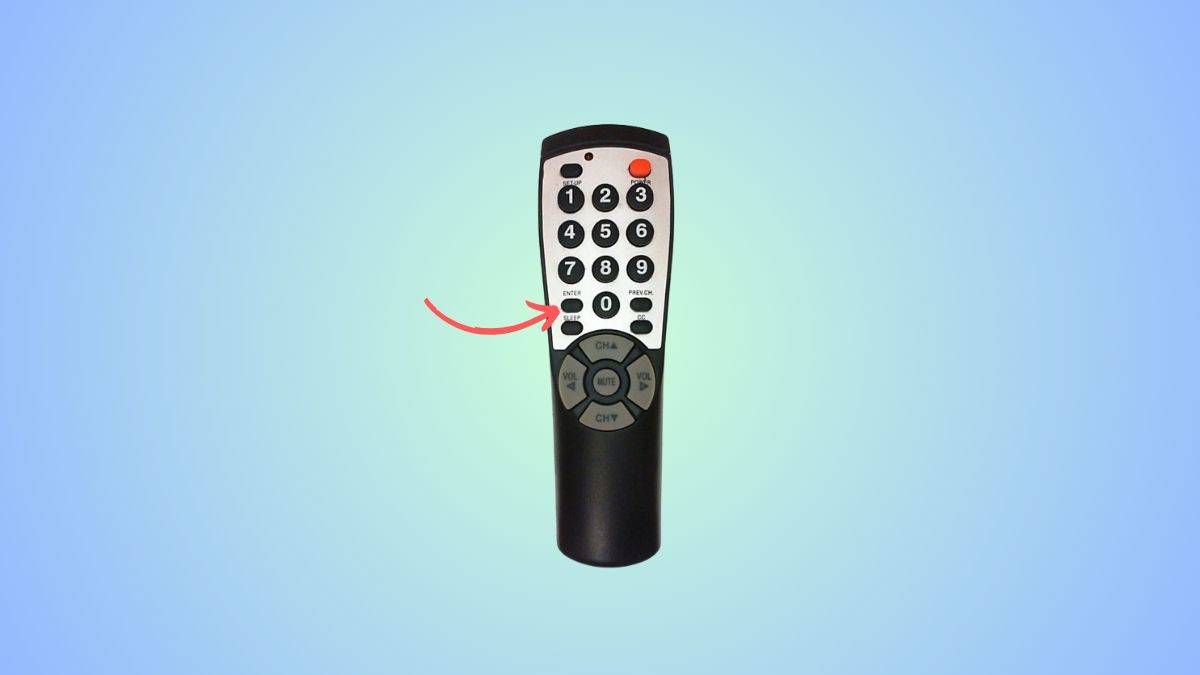 A Brightstar universal remote with an arrow pointing to the enter button