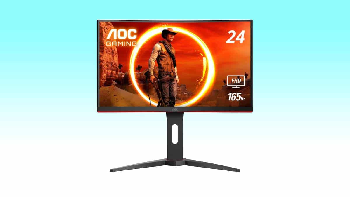 An AOC gaming monitor available on Amazon with an image of a man playing a game.