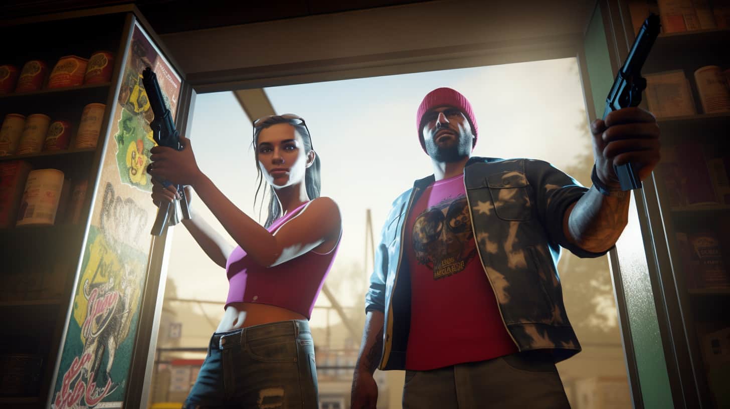 AI-generated image of GTA 6 protagonists Jason and Lucia.