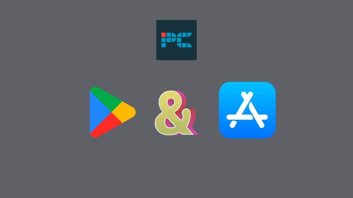 iPhone and Android best apps and games 2023 - awarded. Image shows the Google Play Store logo, an '&' sign, and the App Store logo on a grey background.