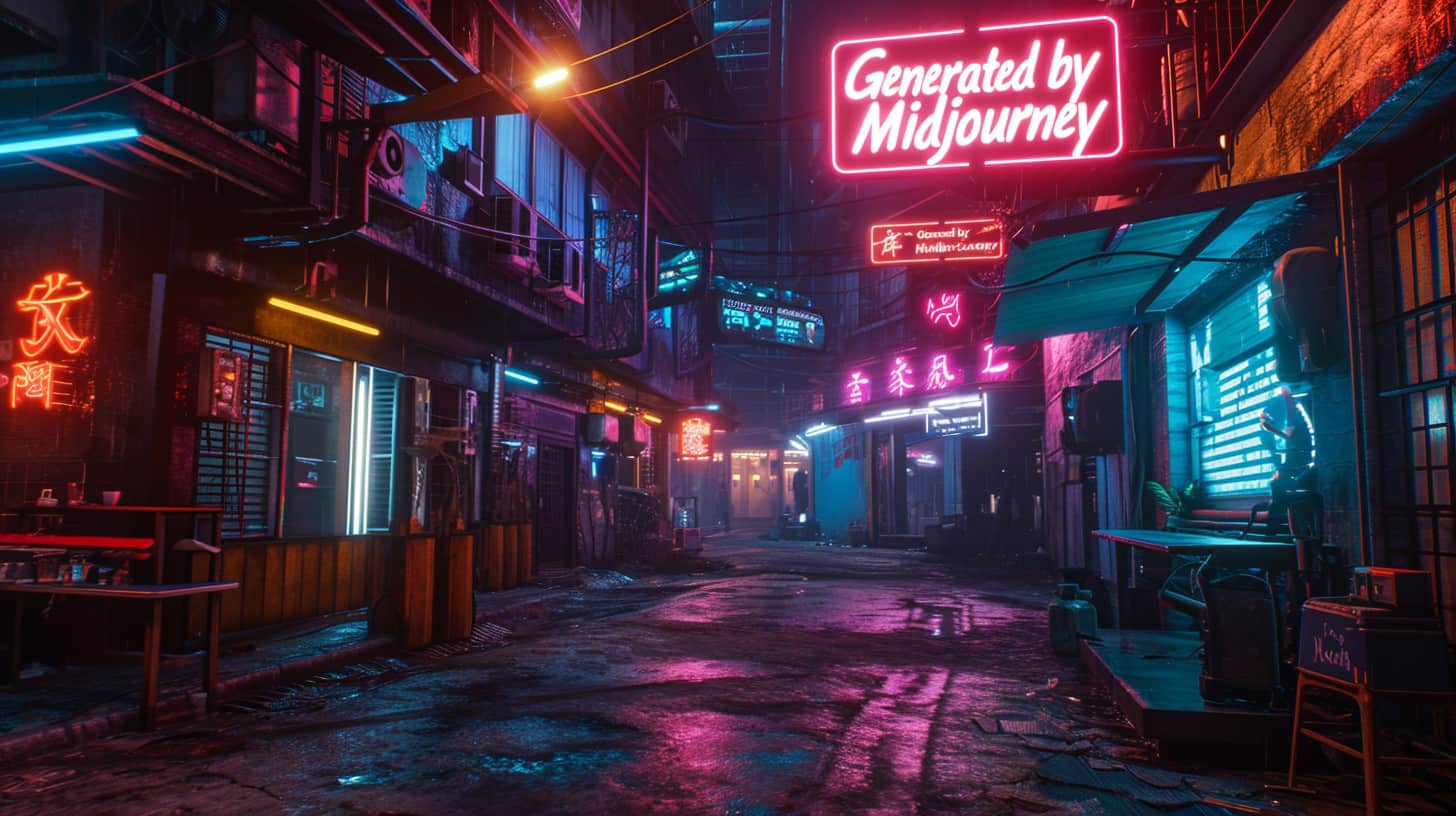 A neon street with "Generated by Midjourney" on a sign.