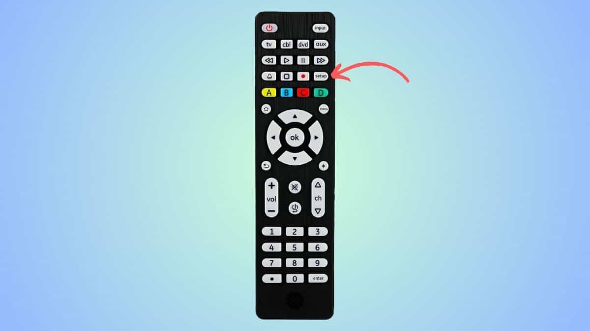 GE Universal remote with an arrow pointing at the setup button