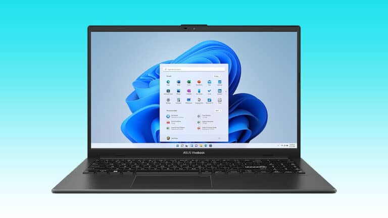 The ASUS Vivobook Go 15 laptop is shown on a blue background.