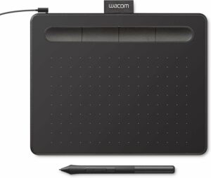 The Wacom Intuos Pro, a graphics drawing tablet, is shown with a pen.