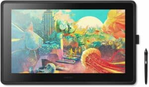 The Cintiq 22 by Wacom is a tablet that features a Creative Pen Display, allowing users to unleash their creativity. With an image of a fish etched onto its surface,