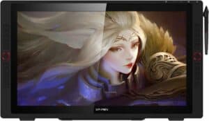 A Drawing Tablet monitor with a picture of a girl with long hair.