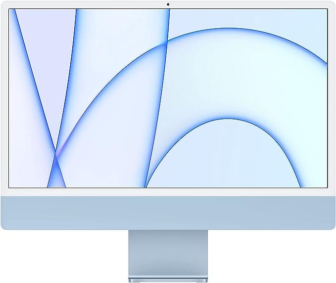 A 2021 Apple iMac monitor with a blue and white design.