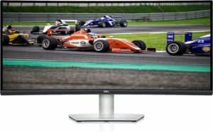 A Dell curved monitor featuring a race car on it - the Dell S3422DW.