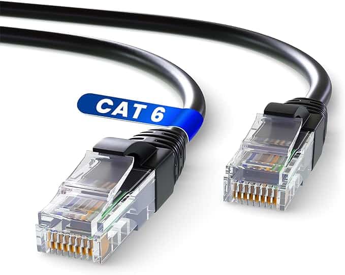 A Cat 6 ethernet cable is shown on a white background.