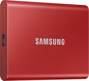 A portable Samsung external hard drive.