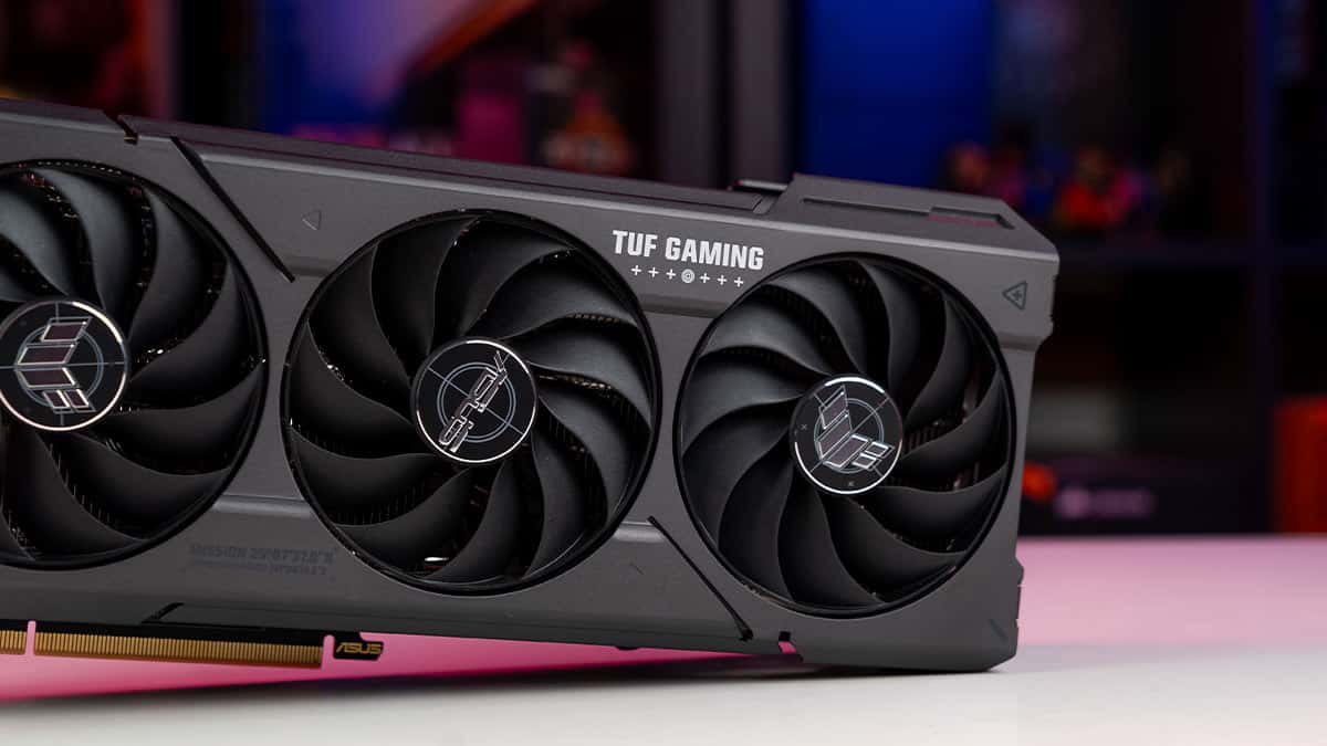 Asus TUF gaming RTX 4070 Super graphics card with triple fans.