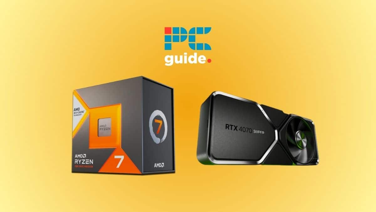 Image shows the AMD Ryzen 7 7800X3D next to the RTX 4070 Ti GPU on a yellow gradient background.