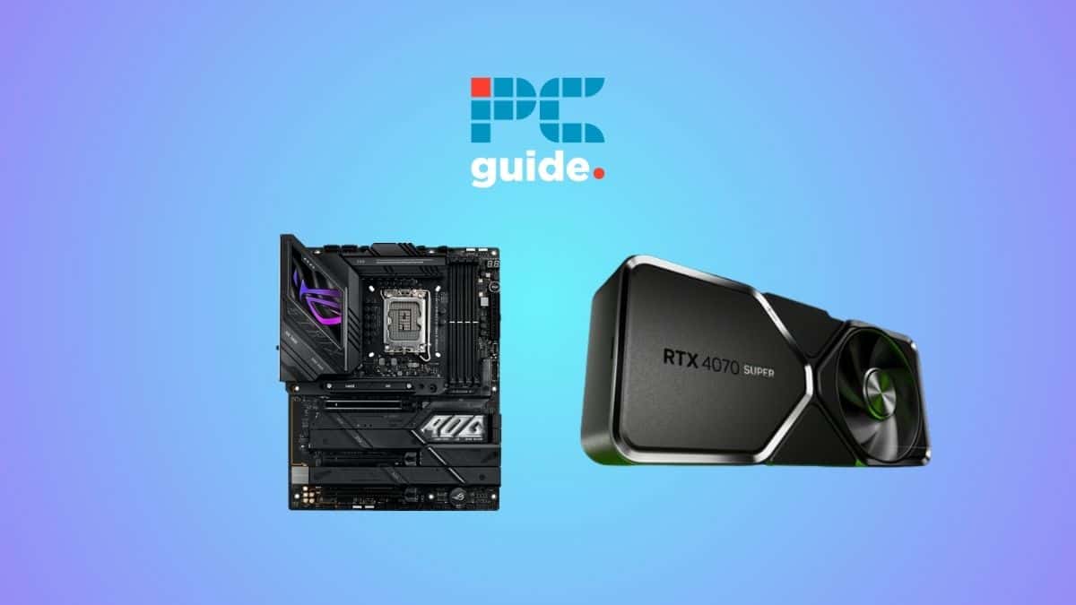 Best Motherboard for RTX 4070 Super, Image shows the ASUS ROG Strix Z790-E next to the RTX 4070 Super on a blue gradient backgrounnd.