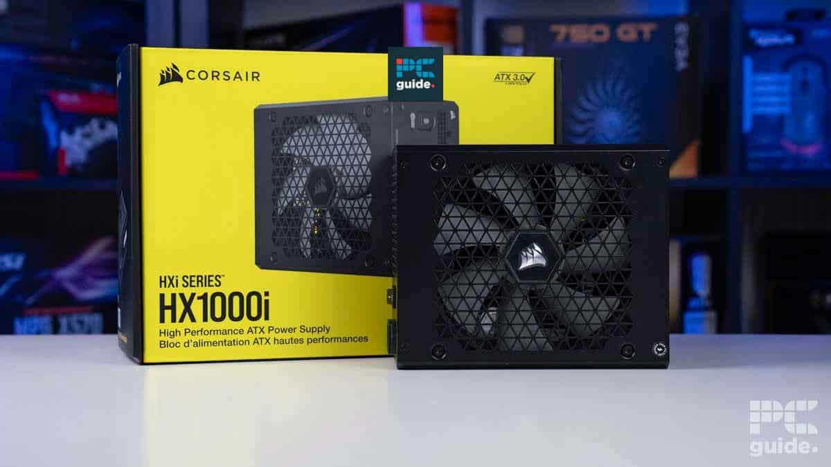 Image of a Corsair HX1000i High Performance ATX Power Supply unit and its packaging. The box is yellow with black text and logos, while the power supply is black with a large fan visible. This PSU is touted as the best PSU for RTX 4070 Ti Super, ensuring top-notch performance and reliability.