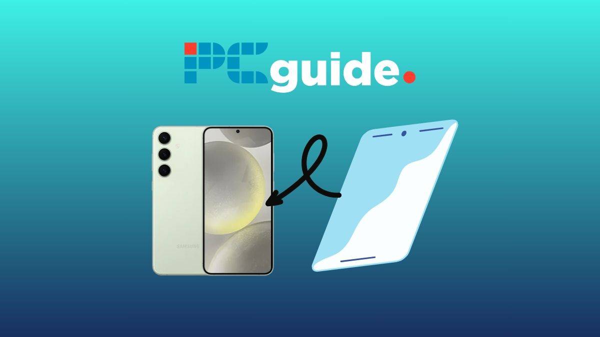 Best screen protector for Galaxy S24 in 2025. Image shows a black arrow pointing from a screen protector to the Galaxy S24, on a blue gradient background.