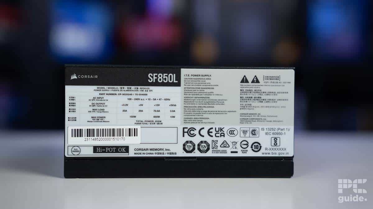 Corsair SF850L info label, source PCGuide