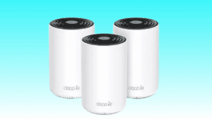Three TP-Link air purifiers on a blue background.