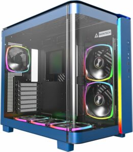 The MONTECH King 95 PRO is a stylish computer case featuring a vibrant rainbow colored fan, adding a pop of color to the sleek blue exterior.