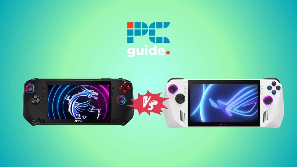 MSI Claw vs Asus ROG Ally - has MSI beaten Asus? Image shows the MSI Claw and the ROG Ally with a red VS sign, on a green blue gradient background.