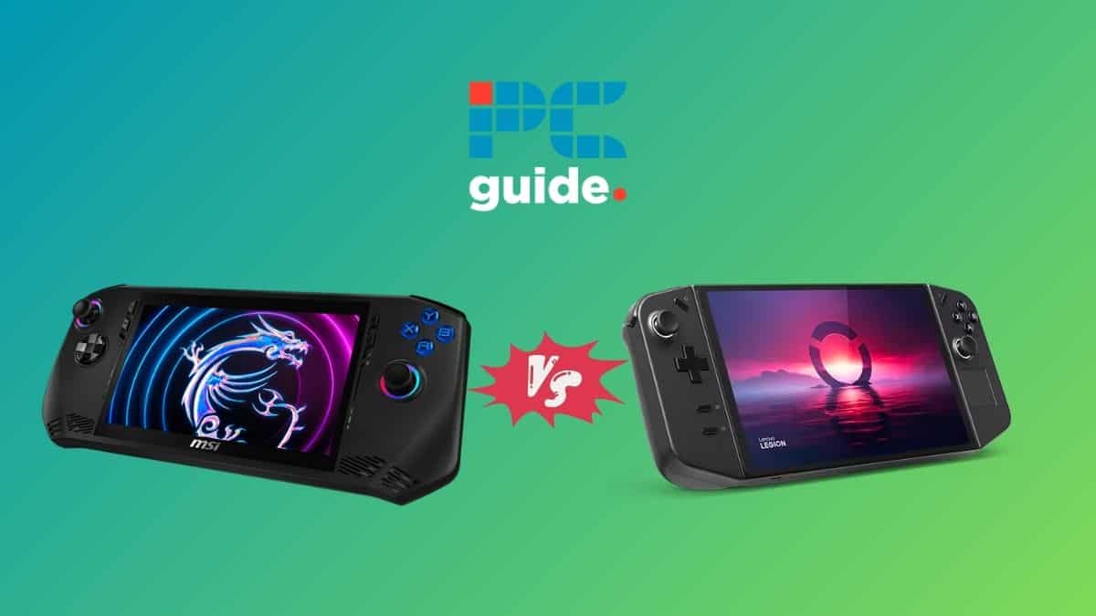 MSI Claw vs Legion Go - which is better? Image shows the MSI Claw and the Lenovo Legion Go on a green blue gradient background.