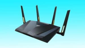 A black router on a blue background.
