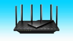 A black WiFi 6 router on a blue background.