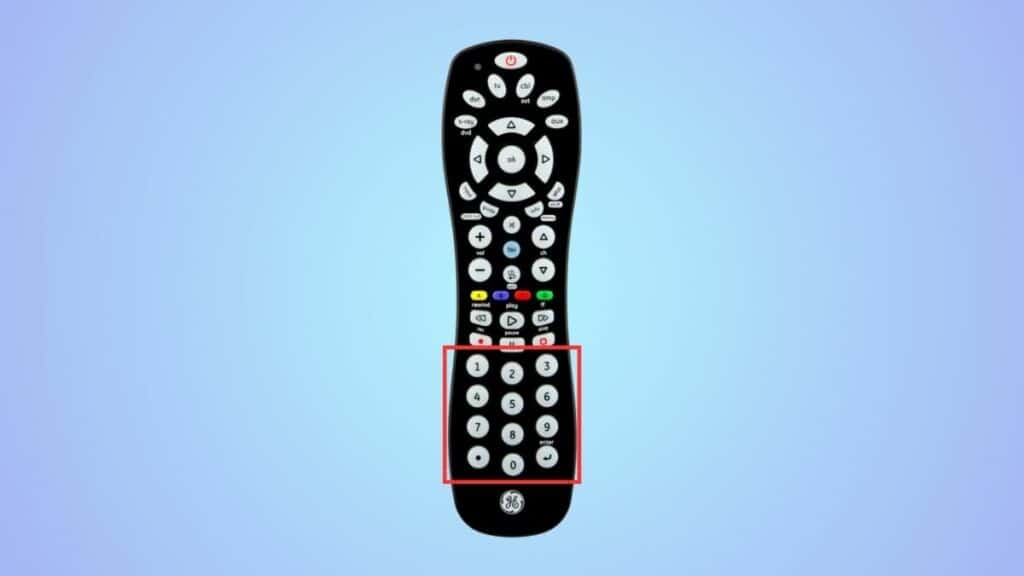 A Hisense TV universal remote control with buttons highlighted against a blue background.