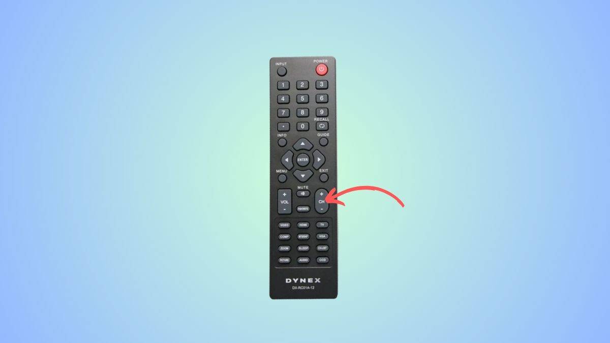 Black Dynex TV remote control with channel buttons highlighted