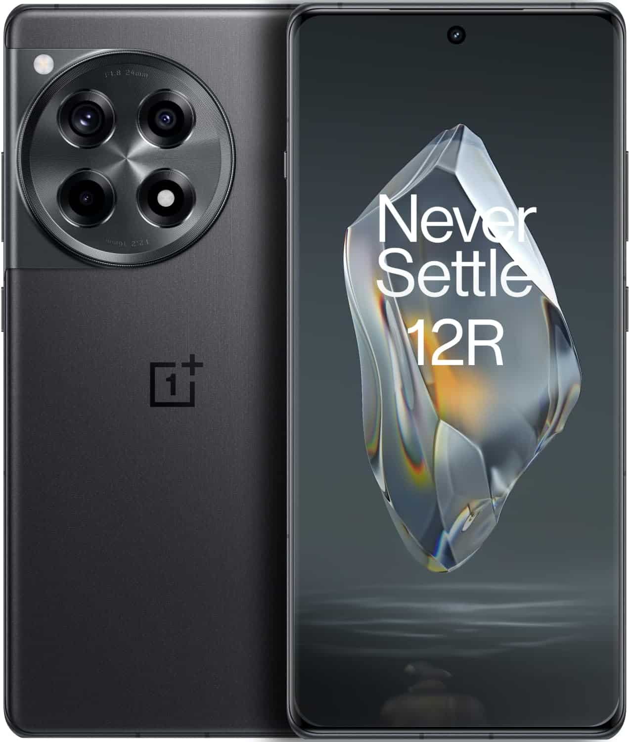 The OnePlus 12R is showcased with a camera and a front camera.