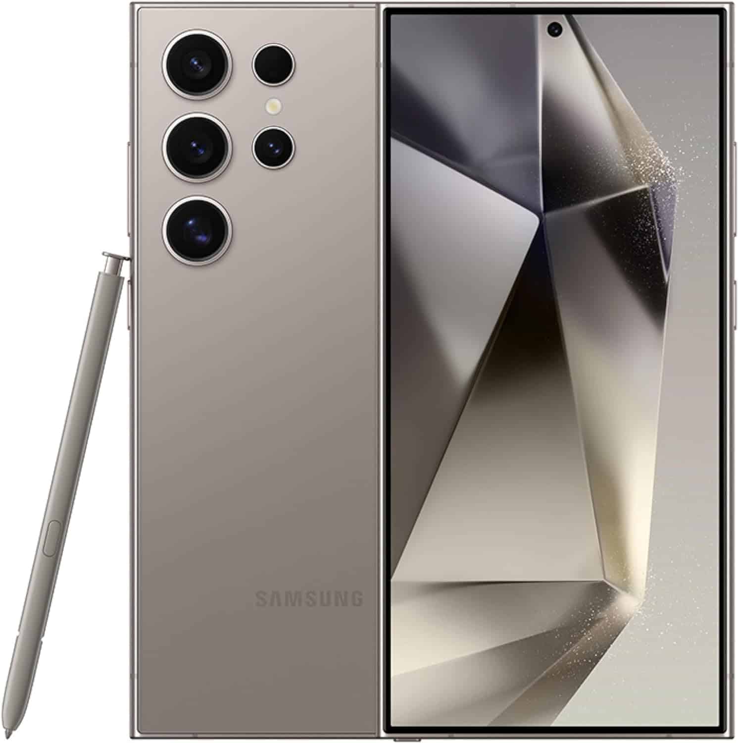The Samsung Galaxy S24 Ultra is shown with an S pen.