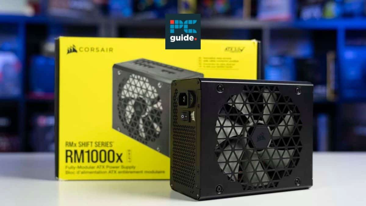 The image shows a Corsair RM1000x below the PC guide logo