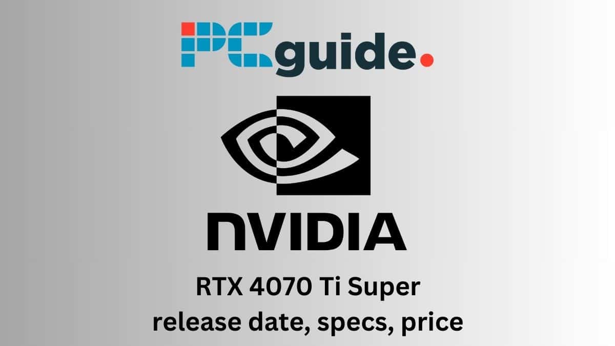 The logo for nvidia RTX 4070 Ti Super is super. Image shows the Nvidia logo below the PC guide logo on a grey background